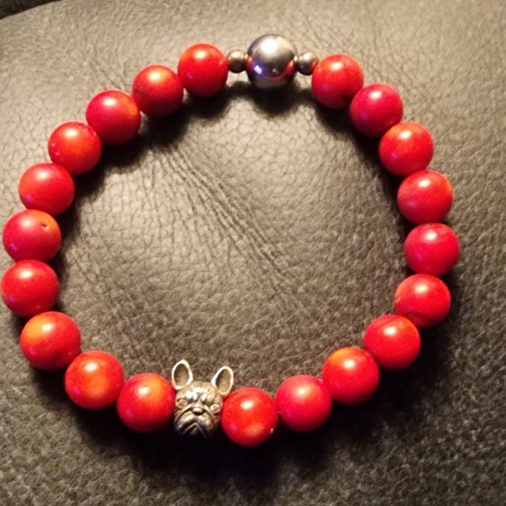 Red Beaded Bracelet with French Bulldog Silver Accent